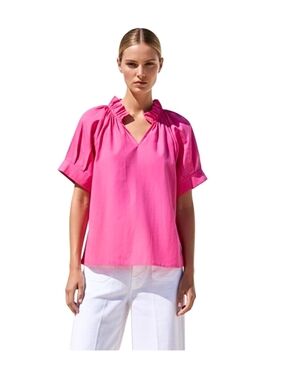 Sofia Blake Gathered V-Neck Ruffle Top Hot Pink Made in Italy NWT XS/S